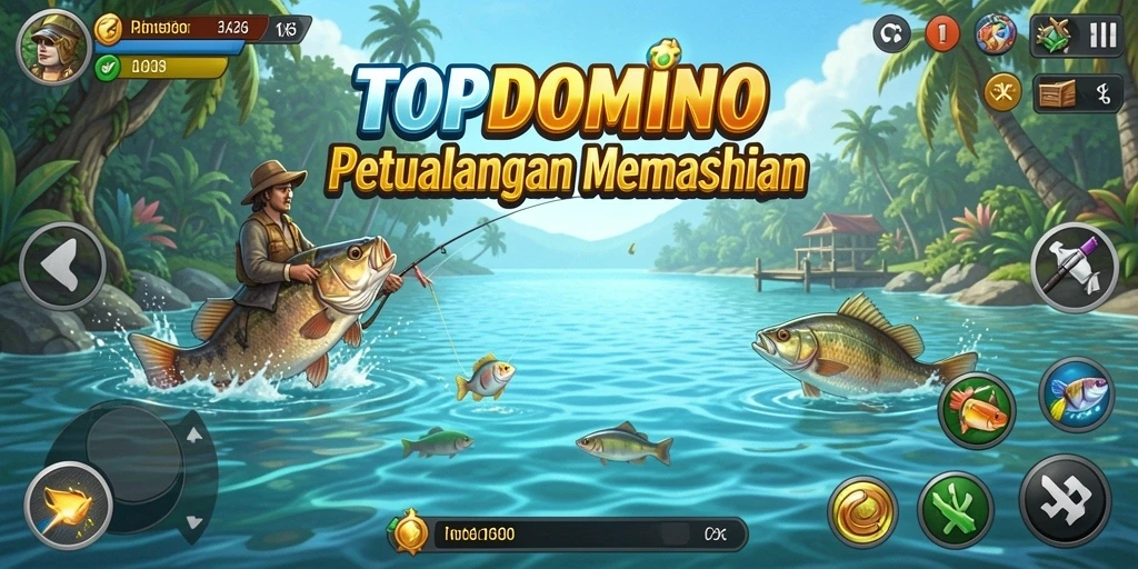 Screenshot gameplay <strong>TOPDOMINO</strong> menampilkan aksi menarik saat memancing ikan di laut.