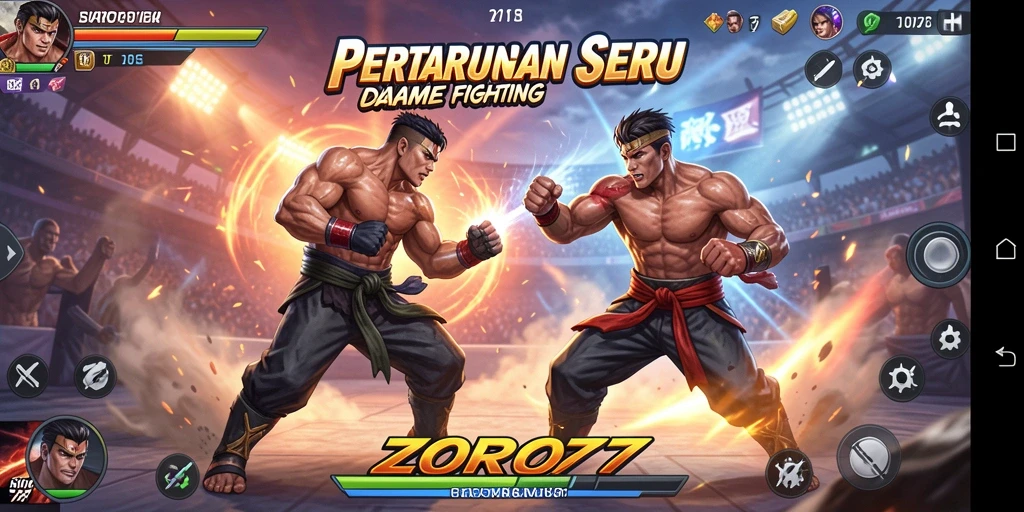 Screenshot ZORO77 menampilkan karakter bertarung dengan efek visual memukau.